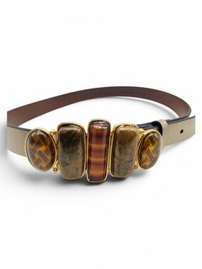 CHICO'S WOMENS GOLD COLOR GENUINE SPLIT LEATHER BELT EMBELLISHED BUCKLE SZ (S)